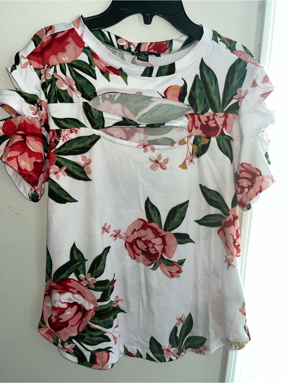 Love Floral Cutout Short Sleeve Top - White with Pink and Green